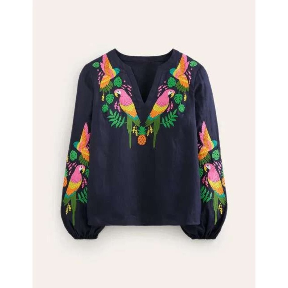 Boden Bonnie Linen Top Navy Blue Parrot Pineapple Embroidered Blouse US 6 - Picture 5 of 12